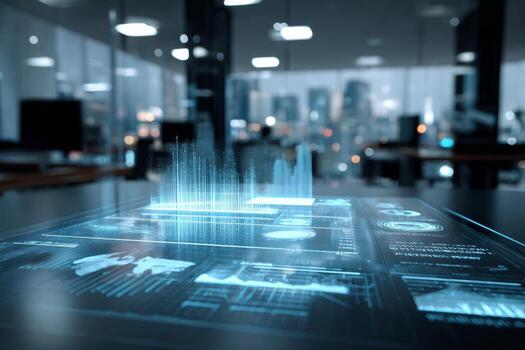 In a modern corporate office, a futuristic holographic interface projects three dimensional data and charts onto a table, creating an engaging workspace atmosphere photo
