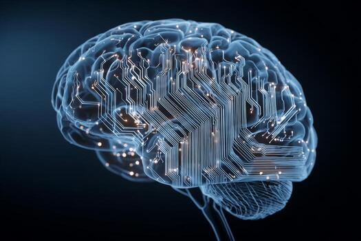 A digital illustration depicts a human brain interconnected with circuit-like patterns, symbolizing the fusion of neuroscience and technology. This artwork emphasizes innovation and cognition photo