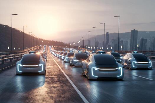 A line of sleek, futuristic autonomous vehicles travels along a bridge as the sun rises over the city. The vehicles are illuminated, creating a striking visual against the skyline photo