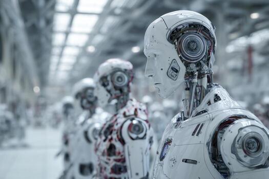 A row of sleek robotic figures showcases intricate designs and technology in a bright industrial environment. These advanced models are lined up, demonstrating modern engineering and innovation photo