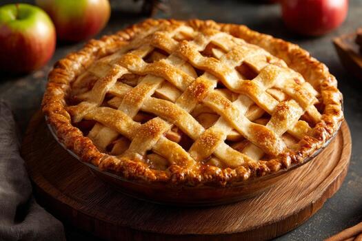 This dessert showcases a golden-brown apple pie with a lattice crust placed on a wooden board. Juicy apples complement the warm, inviting atmosphere of the kitchen setting photo