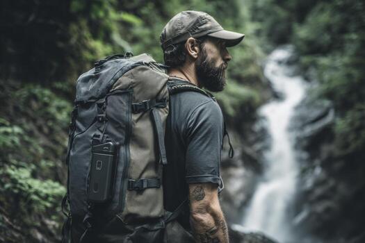 A man with a beard stands beside a small waterfall, wearing a backpack and looking thoughtfully into the forest photo
