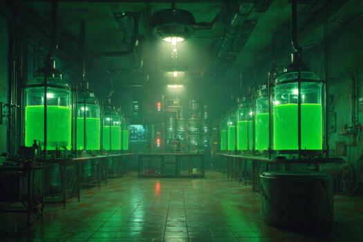 un tenuemente iluminado laboratorio caracteristicas varios grande vaso contenedores lleno con un brillante verde líquido. el atmósfera es misterioso y alta tecnología con industrial elementos brillante suavemente en el antecedentes foto