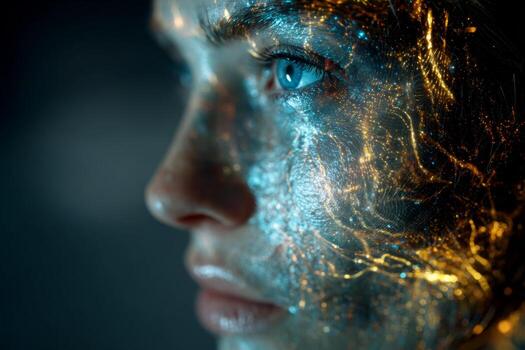 A model is depicted with intricate glowing patterns across her face, emphasizing her striking facial features. The ambient lighting creates an ethereal mood, showcasing artistry photo