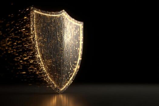 A glowing shield made of luminous lines and particles represents the concept of digital security, set against a dark background. This visual emphasizes protection and innovation photo