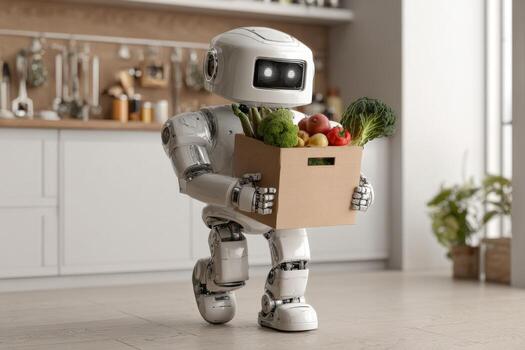 A robot with a sleek design is seen working in a modern kitchen, carrying a box filled with fresh vegetables and fruits, contributing to meal preparation during the day photo