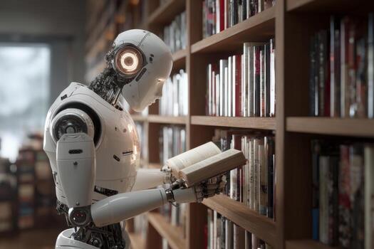 A humanoid robot stands in a contemporary library, examining a book intently photo