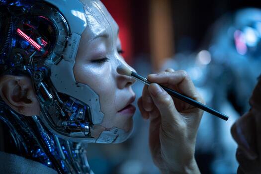 A person delicately applies makeup to the face of a robot in a high-tech environment. The background features intricate machinery and glowing lights, highlighting the blend of beauty and technology photo