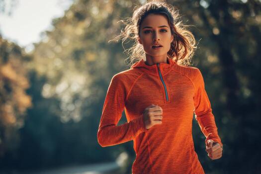 A woman wearing bright orange running attire jogs along a path in a lush forest during the morning hours. Sunlight filters through the trees, enhancing her focused expression photo