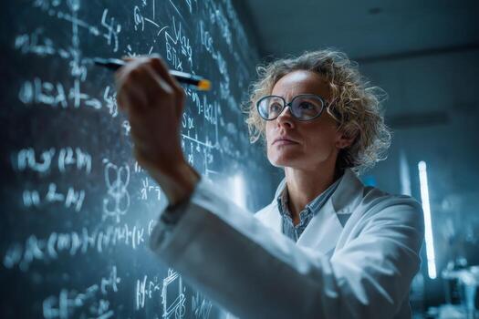 A scientist in a white lab coat focuses intently while writing mathematical equations on a dark chalkboard. The laboratory is dimly lit, creating a concentrated atmosphere photo