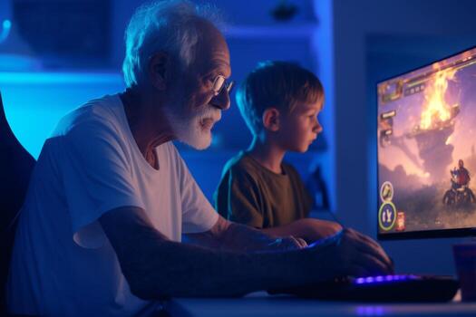 An older man and a young boy are engaged in a gaming session at home. The room is softly lit in blue hues, creating a warm and inviting atmosphere for their activity photo