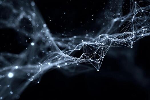 Intricate network of lines and glowing dots illustrate a digital landscape. The design embodies themes of technology, connectivity, and data analysis in a dark setting photo