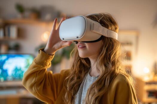 In a cozy home environment, a student engages with a VR headset, exploring a virtual world as part of their online education program. The immersive experience is part of modern learning photo