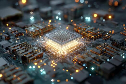 A complex arrangement of circuit components features an illuminated microchip at the center, highlighting advanced technology in electronics photo