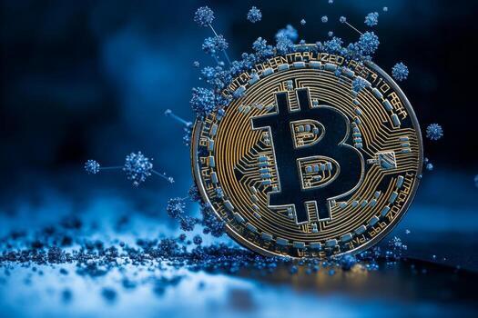 An abstract depiction shows a Bitcoin coin breaking apart into digital particles. This representation highlights the concept of decentralization in a futuristic and artistic manner photo