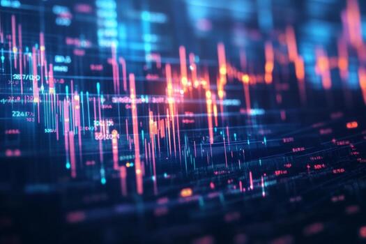 A vivid display of a candlestick chart showcasing stock market trends with glowing elements, set in a futuristic environment, highlighting various price movements and data points photo