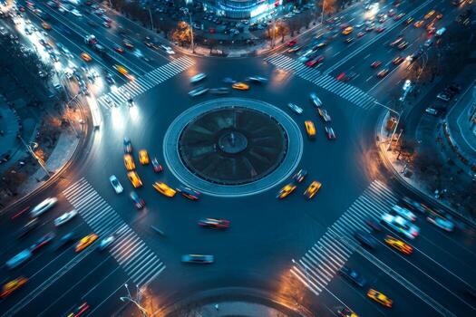 a noche, un animado rotonda llena con carros, iluminado por luces de la calle y cerca edificios el imagen capturas dinámica tráfico patrones y ciudad energía foto