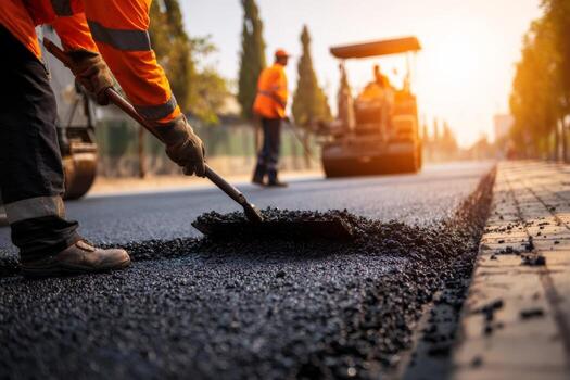 Workers in safety gear are engaged in laying asphalt on a city street as a paving machine operates in the background during sunset, creating a dynamic construction scene photo