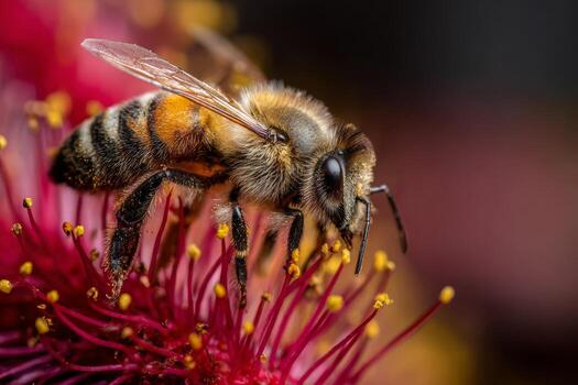un abeja es afanosamente coleccionar polen desde brillante rojo flores en un lozano jardín. el escena capturas el intrincado detalles de el abeja y el belleza de primavera floración foto