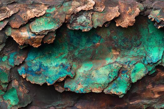 This detailed close-up reveals copper ore with striking green and blue oxidation patterns, displaying a complex texture that highlights its mineral composition and unique coloration photo