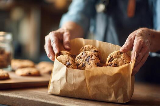A skilled baker presents a warm batch of chocolate chip cookies, carefully arranged in a brown paper bag on a wooden countertop. Soft lighting highlights the inviting atmosphere photo