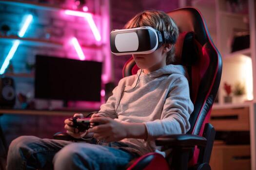 A young boy is focused on a virtual reality experience. He wears a headset and holds a gaming controller, sitting in a comfortable gamer chair nestled in a vibrant room illuminated by neon lights photo