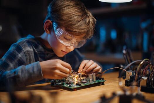 A young boy concentrates intently while assembling a circuit board. He wears protective goggles and skillfully connects wires as sparks flicker in a dimly lit workshop environment photo