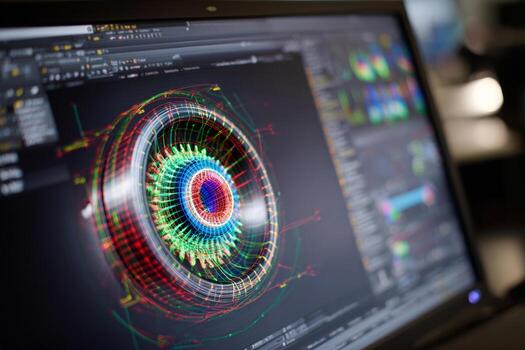 Complex 3D modeling software is displayed on a computer screen, highlighting a rotating wireframe of a mechanical part in stunning detail and vibrant colors, showcasing advanced design capabilities photo