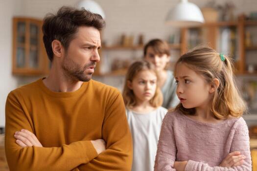 A father and daughter stand facing each other with crossed arms, displaying concern. Two other family members observe the conversation, creating a tense atmosphere photo