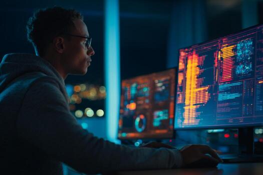 Individual engaged in advanced data analysis at a desk with multiple monitors lit up in vibrant colors, creating a high-tech atmosphere at night in an urban setting photo