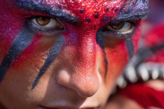 Close-up view of a dancers face featuring striking stage makeup in vivid colors. The intense expression highlights commitment and passion during their performance photo