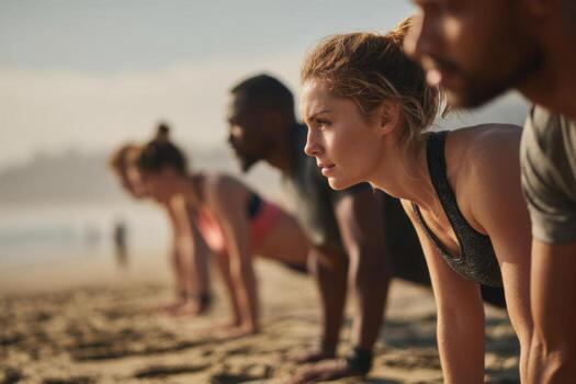 A motivated group performs push-ups on the warm sand of a beach early in the morning. Each person focuses intensely as they work out together, enjoying the ocean view photo
