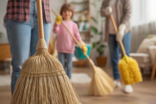 Family members participate in a cleaning activity at home, using brooms and engaging in teamwork. The warm atmosphere captures a sense of cooperation and shared effort photo