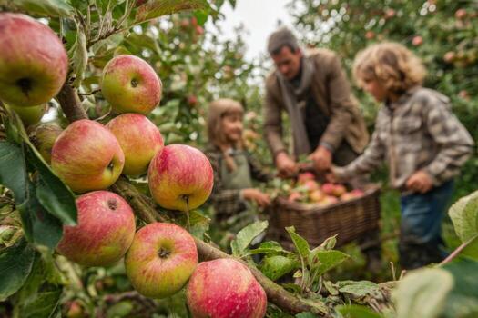 In a vibrant orchard, a family is busy picking apples from the trees on a sunny autumn day. Children are joyfully collecting apples in a basket while surrounded by ripe fruit photo