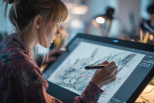 A skilled artist focuses on crafting intricate illustrations on a digital tablet in a contemporary studio filled with warm lighting. The atmosphere is inspiring and creative photo
