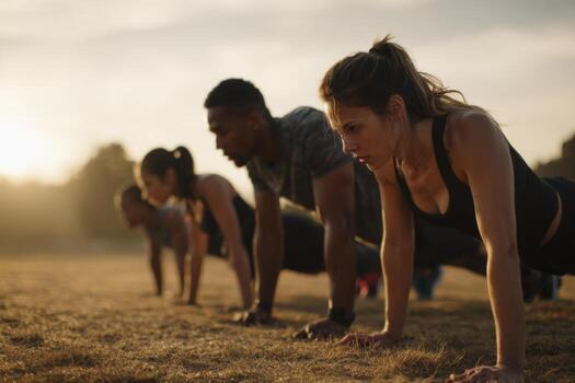 Five individuals engage in a push-up workout on a grassy field as the sun sets, creating a vibrant sky. Their focus and determination reflect a commitment to fitness and teamwork photo