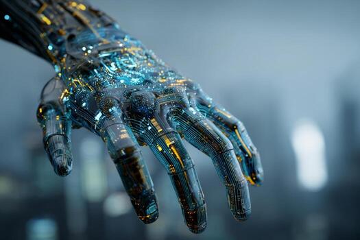 A detailed robotic hand featuring glowing circuits extends forward, set against a blurred cityscape at dusk. The vibrant lights illuminate the intricate design, showcasing advanced technology photo