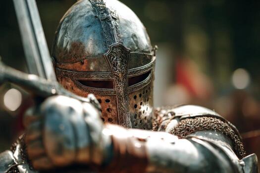 A skilled warrior clad in polished metal armor raises his sword, readying for combat during a historical reenactment event in a lush forest setting. The atmosphere is tense with anticipation photo