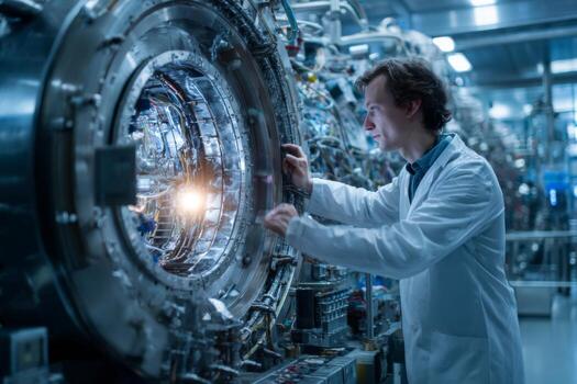 A scientist in a white lab coat interacts with a complex machine in a high-tech laboratory, showcasing the cutting-edge research process and technology involved in scientific exploration photo