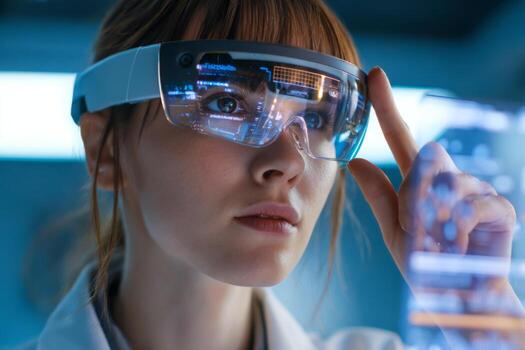 A researcher is interacting with augmented reality displays in a modern lab. They are focused on advanced technology and data analysis while wearing high-tech glasses photo