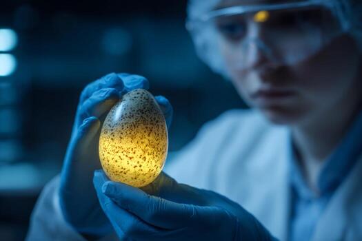 en el laboratorio, un científico inspecciona un translúcido huevo ese emite un suave brillo. el atención es en el único patrones en el caparazón, revelador intriga y curiosidad foto