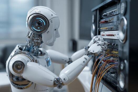 un robot técnico es enfocado en reparando complejo equipo en un contemporáneo tecnología laboratorio. varios cables y electrónico componentes son siendo manejado hábilmente foto