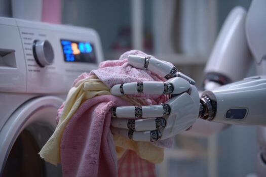 In a contemporary laundry room, a robotic arm holds a pile of vibrant clothes while being next to an advanced washing machine. The scene highlights automation in household chores photo