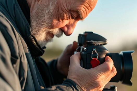 un mayor hombre se enfoca atentamente en composición un Disparo con su cámara, rodeado por naturaleza como el Dom conjuntos, fundición un calentar resplandor en el antecedentes foto