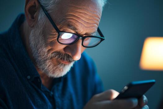 A man with a beard and glasses focuses on his smartphone in a dimly lit room. Soft light illuminates his face, creating a calm atmosphere photo