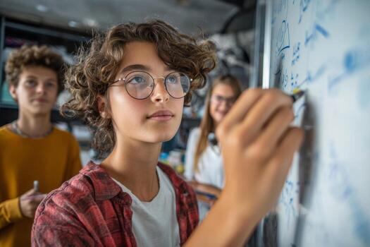 A group of students participates in an interactive learning experience, with one student writing on a whiteboard while others observe and discuss ideas in a modern classroom environment photo