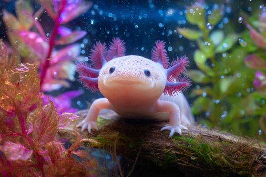 A lively axolotl is seen in a richly colored aquarium. Its delicate gills and playful expression contrast beautifully with the lush aquatic plants and bubbles, creating a serene underwater atmosphere photo