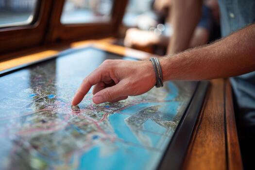 A person touches a detailed map on a wooden table, focusing on navigating a coastal region. Friends are gathered around, enjoying the sunny day and planning their route photo