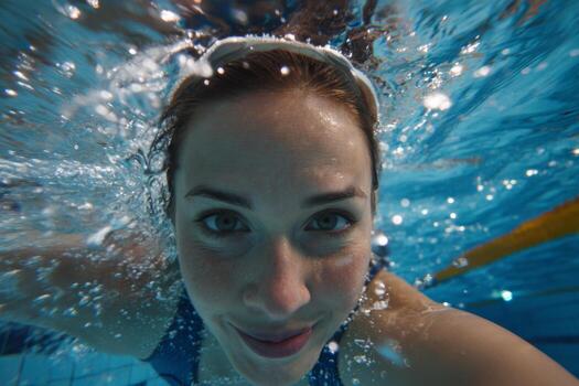 A swimmer smiles while underwater, showcasing her skills and confidence in an Olympic-sized pool. Sunlight illuminates the water, creating a vibrant atmosphere for practice photo