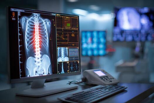 MRI control station presents a detailed and vivid screen showing real-time imaging of a patients spine, highlighting key diagnostic information and analytics for healthcare professionals photo